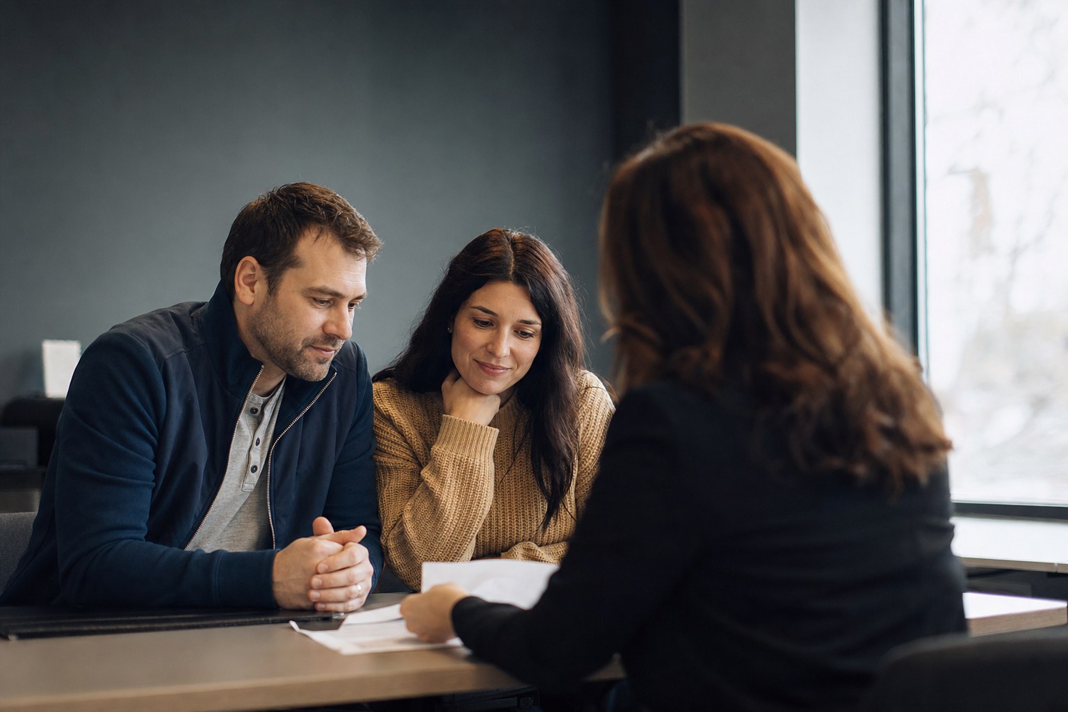Couple nouvellement arrivé révise des documents avec un conseiller