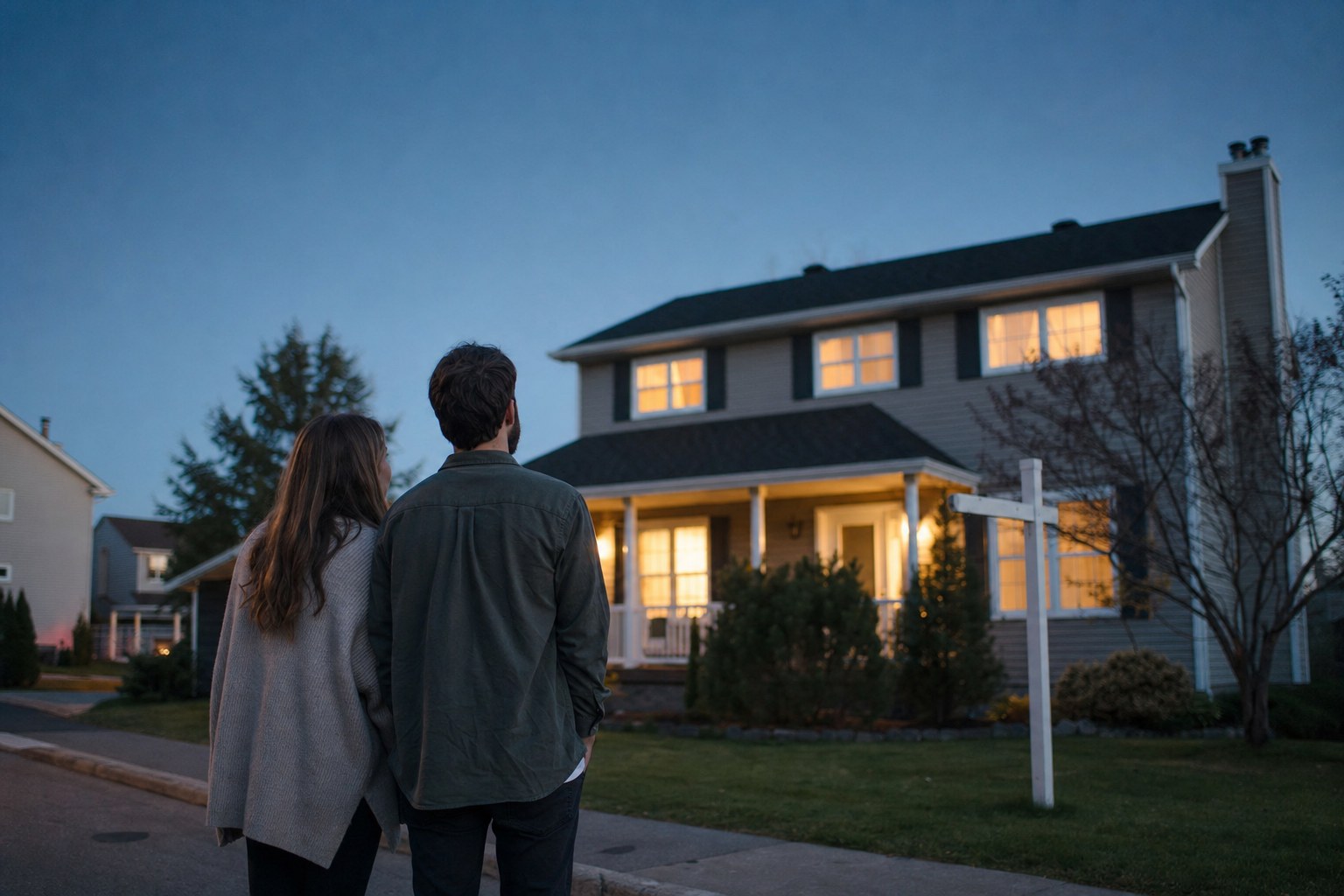 Jeune couple devant une maison en soirée