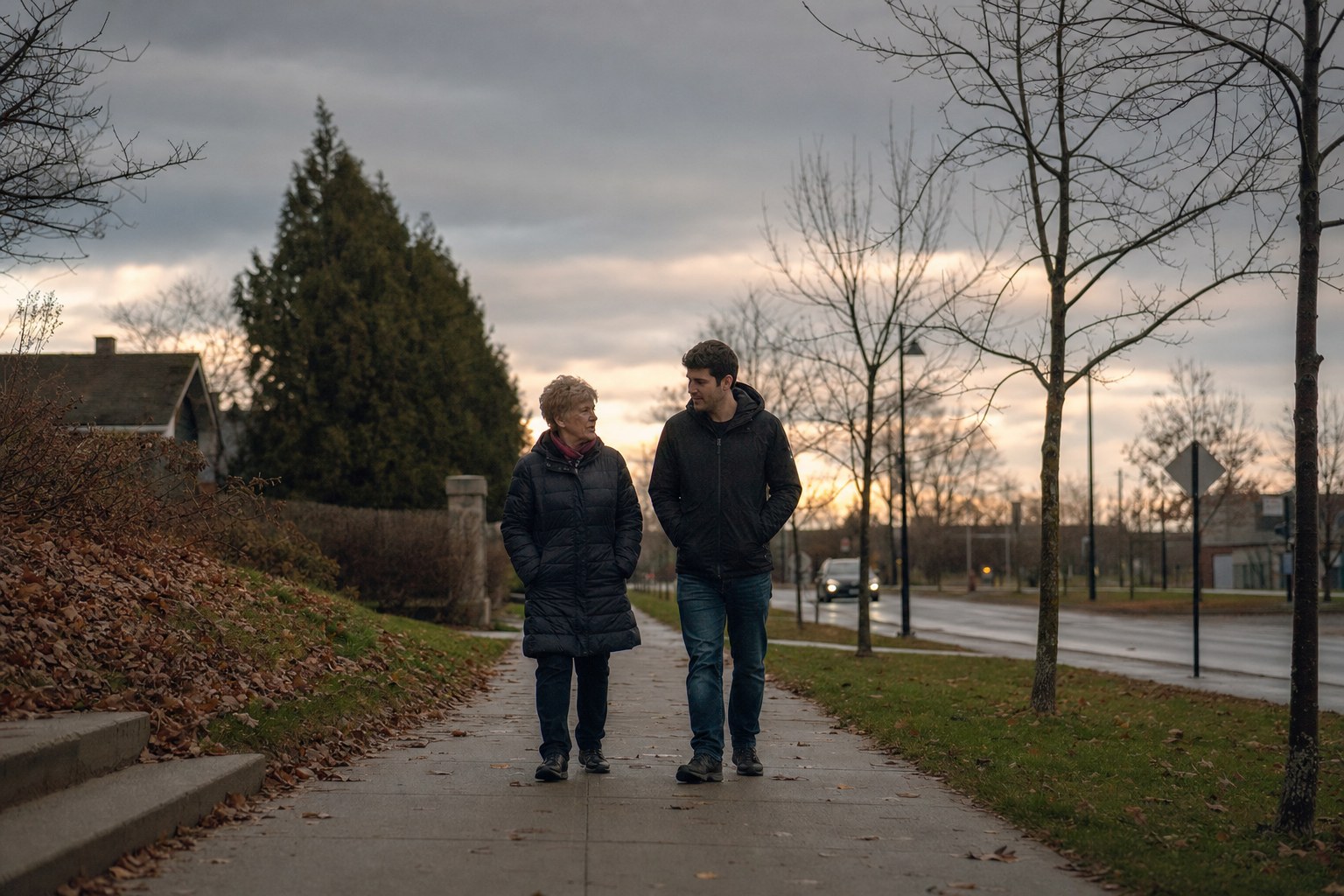 Une retraitée et son fils adulte marchant ensemble