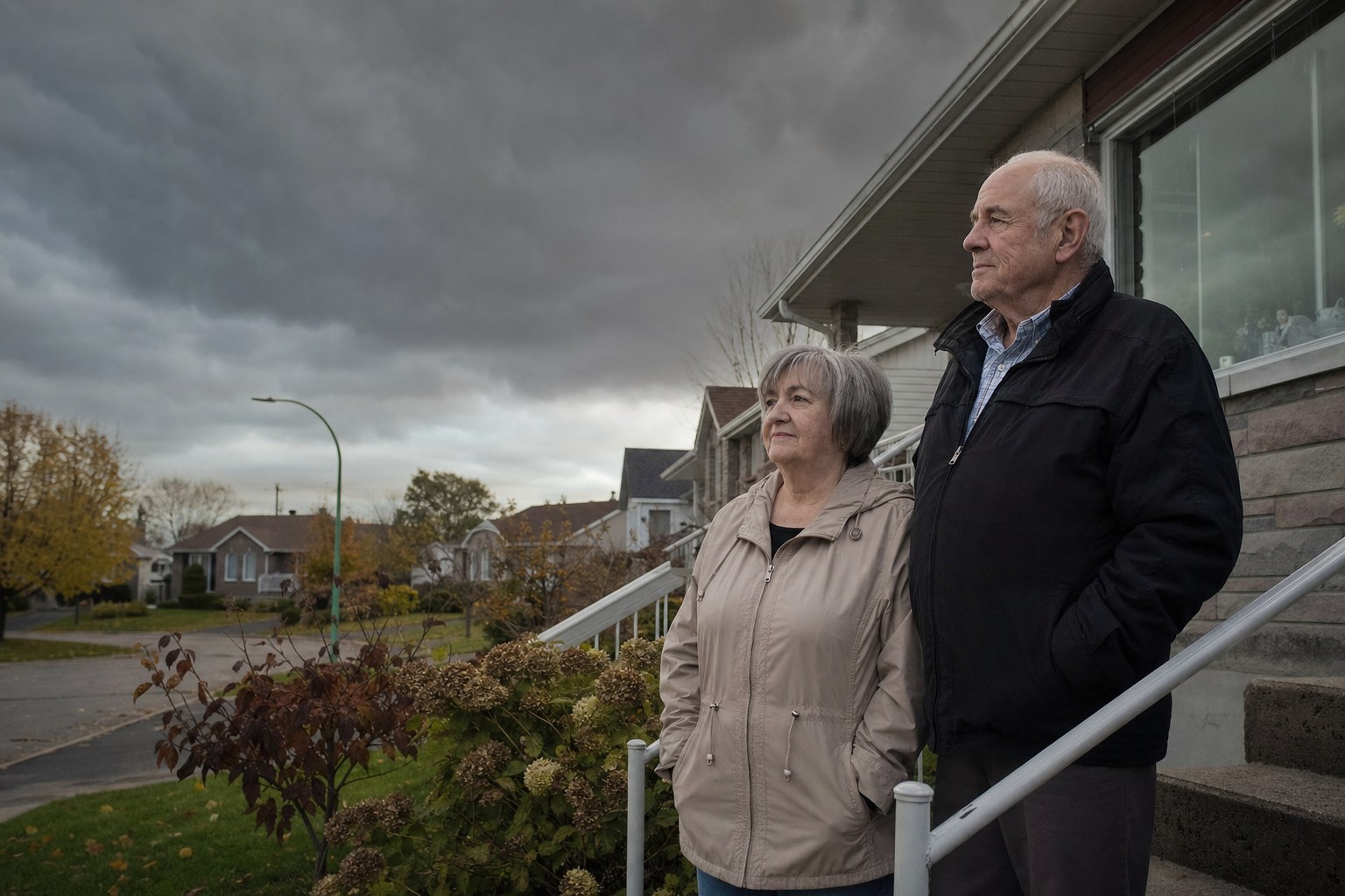 Couple de retraités québécois sur le perron de leur maison